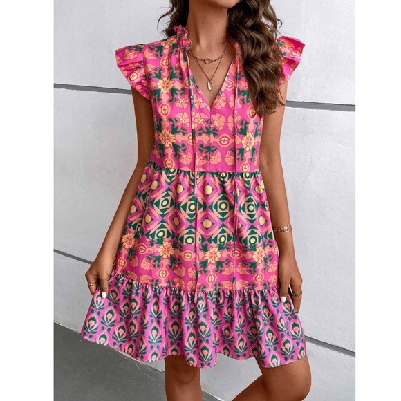 Abstract Print Multicolor on Pink Flowy Loose Fitting Short Sleeve Mini Dress - Picture 1 of 7
